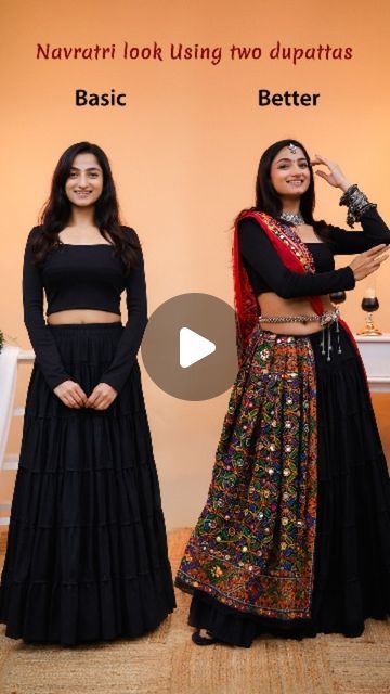 Styleyouraura ✨ Fashion | Style | Clothing Trends on Instagram: "Styled a Navratri outfit from scratch! 
Using two colorful dupattas (you can use any two colorful dupattas you have at home) + a simple black skirt and black crop top, and you're ready to go! 💃✨

Comment 'Navratri' or share this video to my DMs to get links for these Navratri outfits and More! 👗💃🔗
.
{Basic Vs Better, Basic Look, Better Style, Styles a Navratri Outfit, Navratri Outfit, Navratri Look, Navratri Special, Festive Vibes, Dupatta Drape, Ethnic Elegance, Dandiya Vibes, Navratri Styling, Traditional Navratri Outfits, Fashion, Style Goals, Fashion Forward, Festive Reels}

#basicvsbetter #styling #navratrioutfit #croptop #dupatta #blackskirt #navratrispecial #navratrioutfit #festivewear #garbalook #ethnicwear #dandi Black Skirt Navratri Outfit, Garba Draping Styles, Black Skirt Outfit Traditional, Black Dandiya Dress, Black Outfit For Navratri, Basic Navratri Outfits, Dupatta Draping Style For Navratri, Dupatta Styling For Navratri, Black Dandiya Outfit