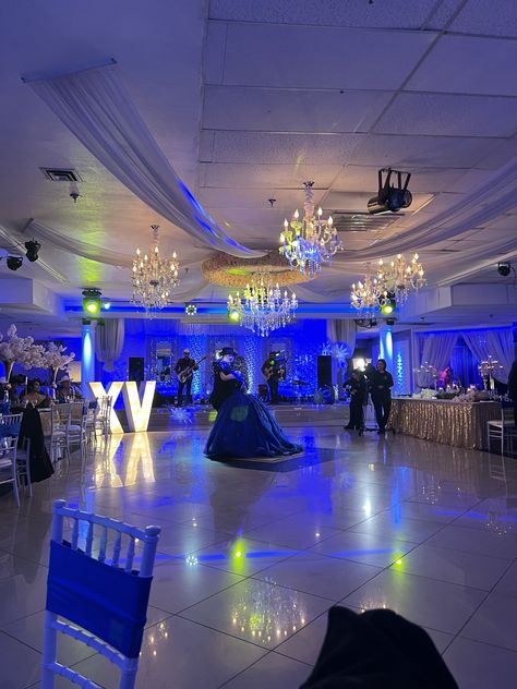 Dark Blue 15 Decorations, Saphire Blue Quinceanera, Royal Blue Enchanted Forest Quinceanera, Dark Blue Venue Quince, 15 Decorations Ideas Blue, Quinceanera Color Themes, Into The Night Quince Theme, Navy Blue Venue Quince, Dark Blue Quinceanera Theme Ideas