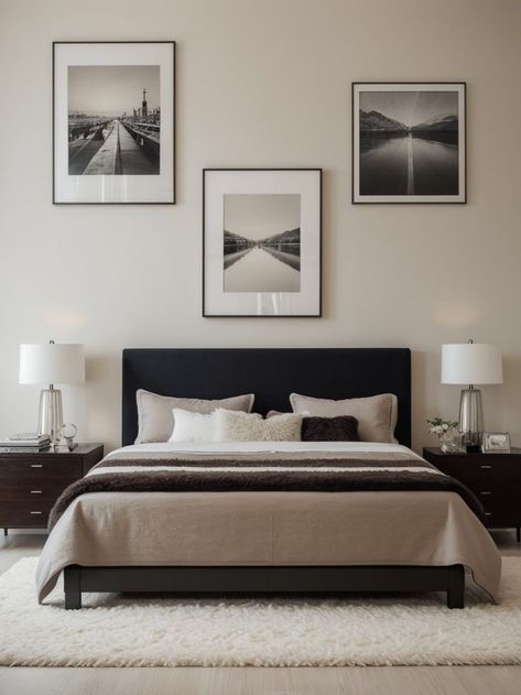 Create a stunning bedroom focal point by displaying a collage of your favorite photographs or artwork on the wall. Complement the collage with a sleek, minimalist bed frame and a plush faux fur rug for a stylish and contemporary touch. Bedrooms With Dark Carpet, Light Masculine Bedroom, Black Bedroom Ideas Aesthetic, Bedroom Gray Bed, Gallery Wall Bedroom Above Bed, Black Furniture Bedroom Aesthetic, Bedroom Ideas Black Bed Frame, Black Bed Frame Bedroom Ideas, Black Bedframe Bedroom Ideas