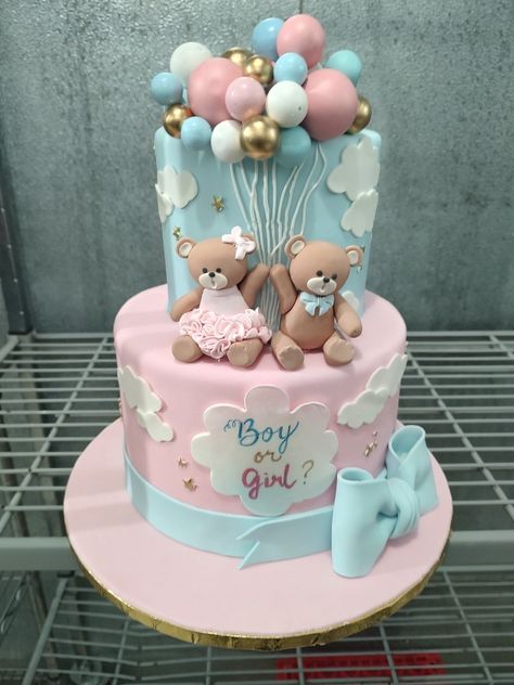 Baby Shower Theme Cake, Teddy Bear Gender Reveal Cake, Twin Gender Reveal Cake, Bear Theme Gender Reveal Cake, Baby Gender Reveal Cake, Gateau Gender Reveal, Baby Shower Cake Ideas Unique, Gender Reveal Bear Cake Ideas, Gender Reveal Cake With Teddy Bears