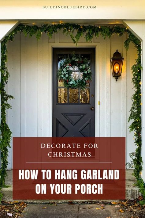 Looking to add holiday spirit to our front porch? Check out how to hang cedar Christmas garland wrapped in lights outdoors! Porch Trim, Lights Outdoors, Porch Garland, Christmas Building, Cedar Garland, Easy Diy Home Projects, Joyful Design, Lights Outside, Outdoor Garland