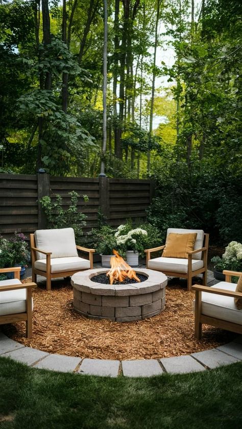 Covered Patio Landscaping, Outside Boma Ideas, Backyard Burn Pit Ideas, Lawn Fire Pit Ideas, Firepits Backyard With Mulch, Mulched Fire Pit Area, Yard For Entertaining, Bonfire Diy Backyard, Small Yard Fire Pit Ideas Backyard Designs