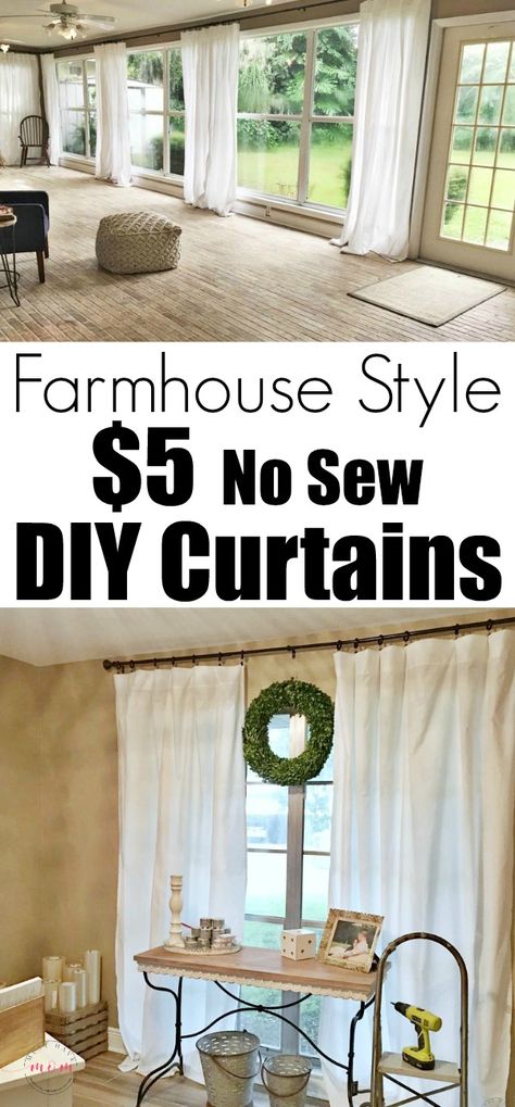 Farmhouse living room DIY curtains now sew just $5 to make each of the farmhouse curtains! Cheap farmhouse decor. Farmhouse Living Room Curtains, Farmhouse Style Curtains, Cheap Farmhouse, Cheap Farmhouse Decor, Cheap Curtains, No Sew Curtains, Farmhouse Curtains, Farmhouse Remodel, Cute Dorm Rooms