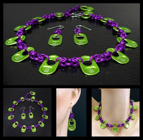 Green Monster Pull Tab Tribal Necklace and Earring Set, Multi-View Shot Monster Cans Diy, Pop Tab Bracelet, Soda Tab Crafts, Can Tab Crafts, Pop Tab Crafts, Soda Can Crafts, Diy Monsters, Soda Tabs, Aluminum Can Crafts