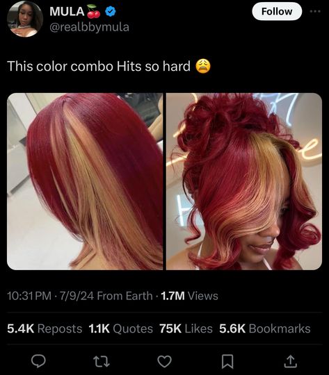 Burgundy Hair With Blonde Skunk Stripe, Honey Blonde And Burgundy Hair, Red And Brown Hair Black Women, Fall Dyed Hair Black Women, Locs Color Combo, Burgundy And Blonde Hair Black Women, Fall Hair Colors Highlights, Red Hair With Blonde Peekaboos, Colored Quick Weave