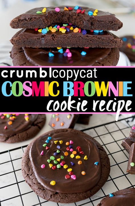 Cosmic Brownie Cookies are a super fudgey cookie topped with a thick fudge glaze and colored chocolate chips on top. This is a Crumbl Cookies copycat recipe that will change everything! Cookies By Design Copycat, Crumble Milkshake Cookies, Cosmic Brownie Copycat, Brownie Batter Cookies Crumbl, Crumbl Cookie Copycat Galaxy Brownie, Crumbl Brownie Cookie Copycat, Double Fudge Brownie Crumbl Cookies, Cosmic Brownie Crumble Cookie, Crumbl Cookie Copycat Eggnog