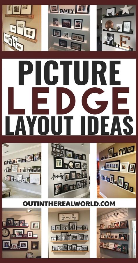 Photo ledge layout ideas with photo displays on wall shelves - great ideas for a family picture wall. Ledge Shelf Styling, Wall Picture Design Ideas, Grandbaby Picture Wall, Staggered Picture Shelves, Shelves For Frames, Picture Rail Ideas Living Room, Displaying Sports Pictures, Picture Shelving Ideas, Wall Shelf With Photos