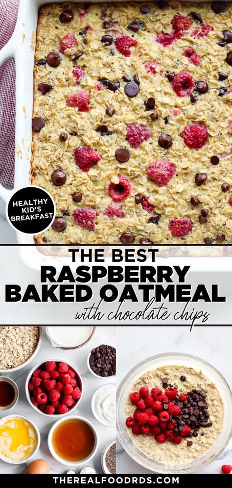 Baked Oatmeal Raspberry, Oatmeal With Chocolate Chips, Raspberry Baked Oatmeal, Oatmeal With Chocolate, Chocolate Chip Baked Oatmeal, Raspberry Oatmeal, Raspberry Chocolate Chip, Healthy Breakfast For Kids, Coconut Baking