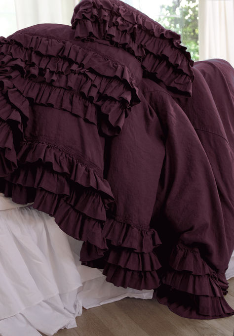 Aubergine silk velvet ruffle linen bed with matching silk velvet tatter ruffle shams Relaxed Chic, Ruffle Linen, Ruffle Pillow, California Vibe, Linen Collection, Ruffle Bedding, Velvet Bed, Bedding Brands, King Duvet