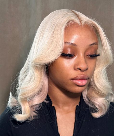 Middle Part Blonde Wig With Curls, Wig Up Do Hairstyles, Brown Roots Blonde Hair Black Women, 613 Wig Hairstyles For Black Women, Platinum Hair Black Women, White Hair Black Women, 613 Middle Part, Blonde Bob Black Women, 613 Bob Wig