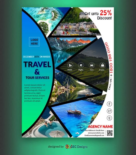 Creative Travel and tour services flyer template is a modern free flyer template suited for Travel agencies, tour packages, Promotions Travel Guide, Travel Planner posts, etc. Travel Flyer Template, Travel Layout Design, Tour Packages Design, Travel Flyer Design Creative, Travel Brochure Design, Travel Flyer, Travel Creative, Brochure Design Creative, Travel Agencies