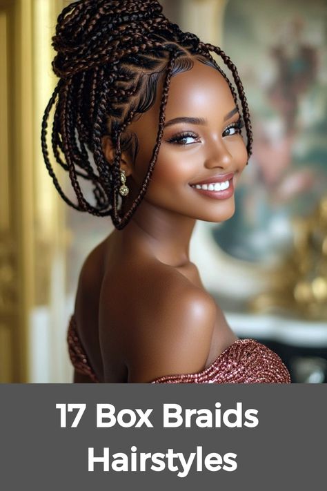 Box braids hairstyles offer a versatile range of ideas for all hair types, from short to medium lengths. Whether you're looking for styles with curls to add texture and volume or prefer a sleek, straight look, box braids provide endless options. For those with medium hair, box braids can create a chic and manageable style that suits any occasion. From playful short braids to intricate designs with curls, there’s a box braid style to match every personality and fashion sense. Braided Hairstyles For A Wedding, Natural Box Braids Hairstyles, Braids For Formal Events Black Women, Box Braids In Ponytail, Knotless Braid Updo, Box Braids Hairstyles Medium Length, Professional Braids For Work, Box Braid Hair Styles, Knotless Braids Low Bun