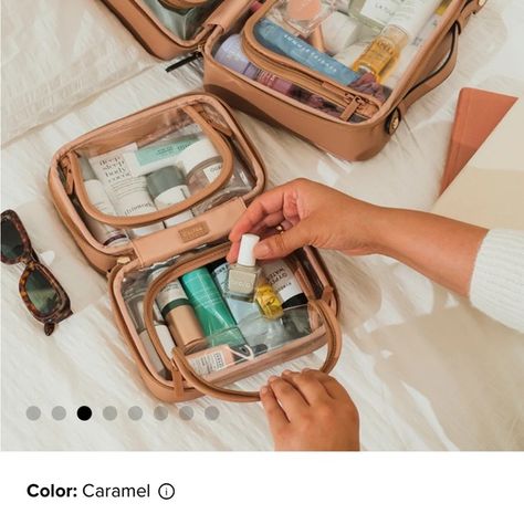 ISO Calpak Mini Clear Cosmetic Case in color Caramel or Stone Clear Cosmetic Bag, Large Makeup Bag, Hanging Toiletry Bag, Small Makeup Bag, Toiletry Bag Travel, Travel Cosmetic Bags, Travel Toiletries, Makeup Bags Travel, Travel Organization