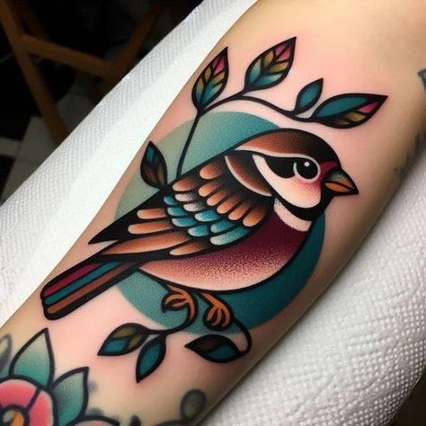 Birds And Bees Tattoo, Bord Tattoo, Traditional Chest Tattoo Female, Traditional Western Tattoo, Nightingale Tattoo, Traditional Owl Tattoo, Wren Tattoo, Oak Leaf Tattoos, Feminine American Traditional Tattoos