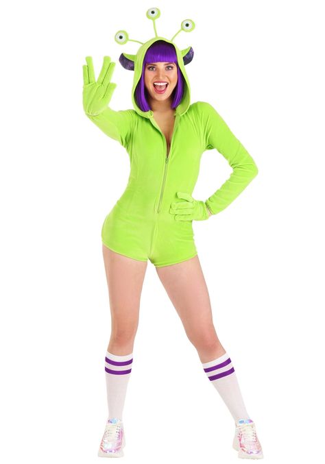 PRICES MAY VARY. STRETCH VELVET FABRIC: Soft and comfortable stretch velvet for a snug fit ZIPPER FRONT: Front zipper allows for easy on and off FUN ALIEN DETAILS: Hood has ears and bendable fabric-covered eye stalks MATCHING GLOVES: Gloves feature elongated fingers for an alien look PERFECT FOR COSTUME PARTIES: Ideal for themed events and Halloween fun Are you looking for an out-of-this-world outfit that's comfy and cute? If so, you should check out our Cozy Alien Women's Costume, exclusively m Galaxy Costume Women, Alien Grunge, Space Alien Costume, Alien Costume Women, Space Suit Costume, Alien Costumes, Alien Halloween Costume, Alien Stuff, Alien Superstar