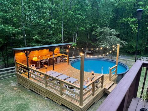 Small Yard With Pool Backyard Designs, Outside Pool Area Ideas Patio, Pool Deck With Covered Area, Decks For Round Above Ground Pools, Partial Above Ground Pool Deck Ideas, Round Pool With Deck, Pool Deck Railing Ideas Above Ground, Above Ground Pool On Hill, Aboveground Pool Deck