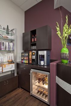 Every Salon needs a coffee station. Diy Coffee Station, Home Hair Salons, Hair Salon Design, Nail Salon Decor, Home Coffee Stations, Hair Salon Decor, Beverage Center, Salon Suites, Beauty Salon Decor