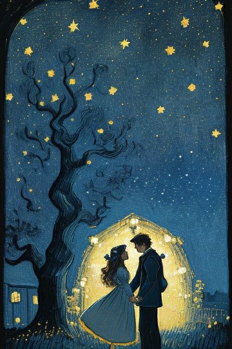 Beneath the splendor of a cosmic sea, Two souls entwine in starlit reverie. Van Gogh's canvas, a celestial sight, Unfolds their love amidst the night. Van Gogh Couple, Starlit Night, Starry Nights, Masquerade Ball, Van Gogh, Starry Night, Photo And Video, Instagram Photos, Instagram Photo