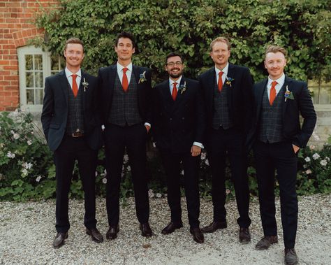 Rustic Floral Colourful & Homemade Barn Wedding Groomsmen Attire Black, Fall Groom, Wedding Whimsical, Black Suit Wedding, Groom And Groomsmen Attire, Whimsical Wonderland, Groom Groomsmen, Orange Tie, Groomsmen Suits