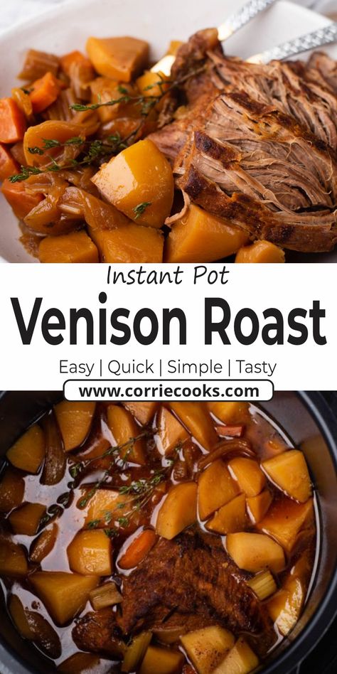 Instant Pot Venison Roast, Venison Roast Crockpot, Roast In The Instant Pot, Carrots Cooked, Garlic Broth, Venison Steak Recipes, Venison Backstrap Recipes, Backstrap Recipes, Deer Steak