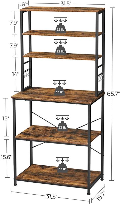 Amazon.com - VASAGLE Baker's Rack, Microwave Oven Stand, 6-Tier Kitchen Utility Storage Shelf, 6 Hooks and Metal Frame, Industrial, 31.5 x 15.7 x 65.7 Inches, Rustic Brown and Black UKKS019B01 - Standing Baker's Racks Kitchen Island Storage, Crochet Metal, Baker's Rack, Microwave Stand, Kitchen Storage Shelves, Bakers Rack, Utility Storage, Kitchen Utilities, Rack Design