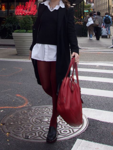 girl in red tights, black coat, red bag, fall outfit, preppy outfit Outfit With Red Tights, Red Tights Outfit 2023, Red Tights Outfit Aesthetic, Colored Stockings Outfit, Outfits With Red Tights, Maroon Tights Outfit, Red Tights Aesthetic, Coloured Tights Outfit, Aesthetic Preppy Outfits