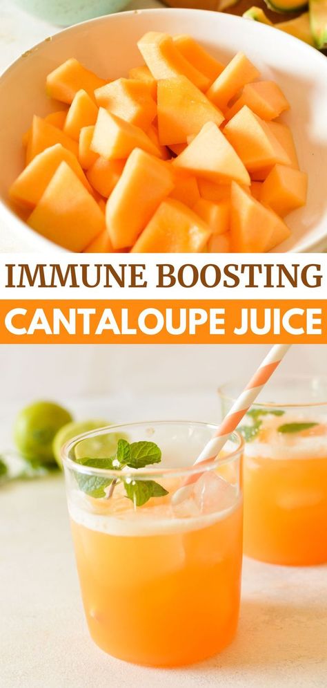 a bowl of cantaloupe, two glasses of cantaloupe juice Grapefruit Pear Juice, Juicing Recipes With Cantaloupe, Cantaloupe Juicing Recipes, Juicing Cantaloupe Recipes, Cantelope Smoothie Recipes, Honeydew Juicing Recipes, Vitamin C Juice Recipes, Recipes With Cantaloupe, Honeydew Juice Recipe