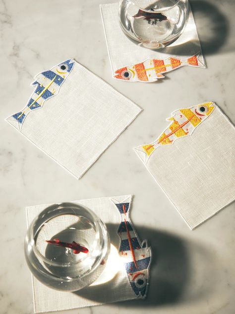 White Sardines Embroidered Linen Cocktail Napkins (Set of 4) by La Gallina Matta | ABASK US Sardine Embroidery, Embroidered Linen Napkins, Modern Tablescape, Italian Gifts, Outdoor Dinner Parties, Floral Cocktails, Linen Cocktail Napkins, Outdoor Dinner, Embroidered Napkins