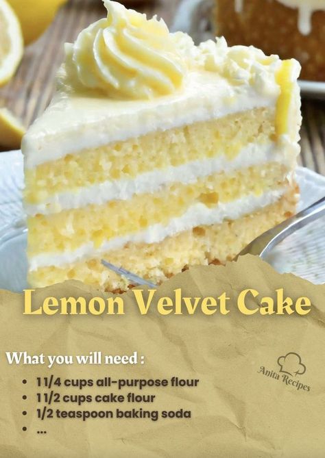 Soft Lemon Cake, Lemon Velvet Cake, Lemon Cream Cheese Frosting, Velvet Cake Recipes, Baking 101, Homemade Cake Recipes, Lemon Cream, Pie Cake, Velvet Cake