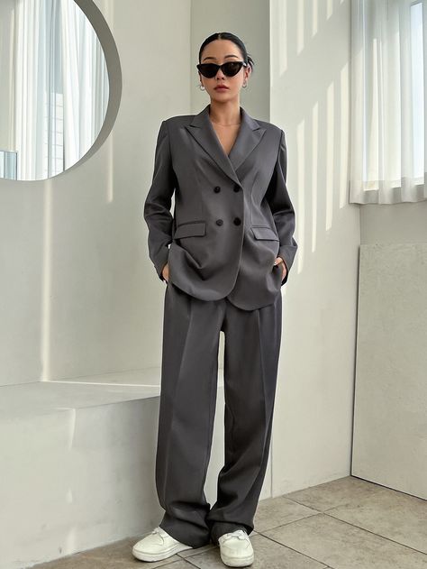 Dark Grey Casual Collar Long Sleeve  Plain  Embellished Non-Stretch  Women Clothing Slouchy Suit Women, Lose Suits For Women, Grey Suit For Women Outfit, Grey Suit Women Outfit, Grey Suits Women, Gray Suit For Women, Gray Suit Women, Grey Suit Women, Blazer Set Outfit