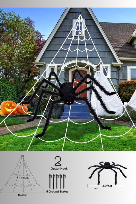 #halloweendecor #giantspider Outdoor Spider Web Halloween, Diy Halloween Spider Web, Giant House Spider, Spider Web Diy, Halloween Decor Indoor, Spiders Halloween, Spiderman Web, Fake Spider, Spider Web Decoration