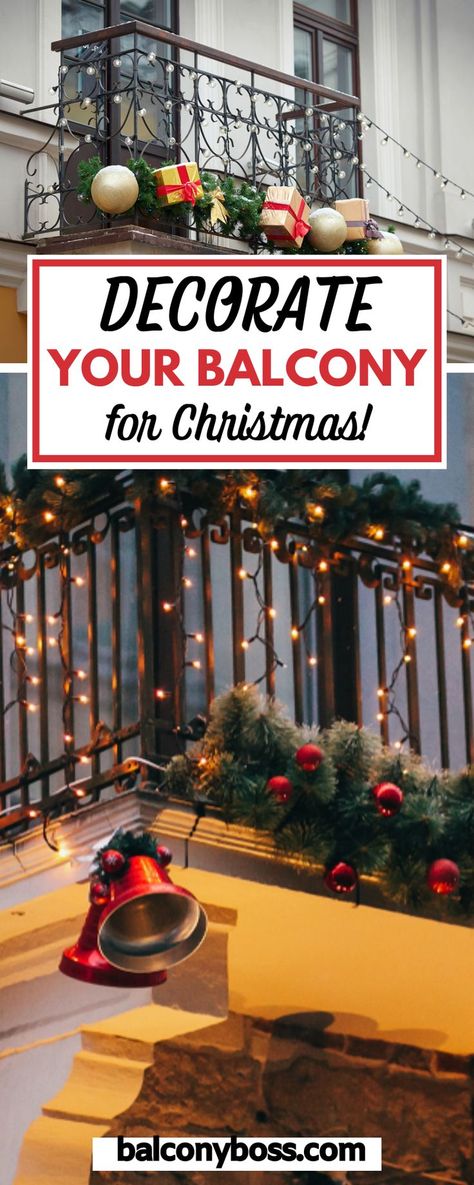 Decorate your balcony for Christmas with these easy ideas that work perfectly for small outdoor spaces. Learn what to consider when choosing decorations (such as storing your choices! Hint: collapsible items are great!), and get inspired with photos in this post. Click through for all the details! Decorating Apartment Balcony For Christmas, Christmas Small Balcony Decor, Balcony Decor For Christmas, Small Balcony Christmas Decorating Ideas, Christmas Decor Terrace, Condo Balcony Christmas Decor, Holiday Deck Decorating Ideas, Diy Christmas Balcony Decor, How To Decorate A Deck For Christmas