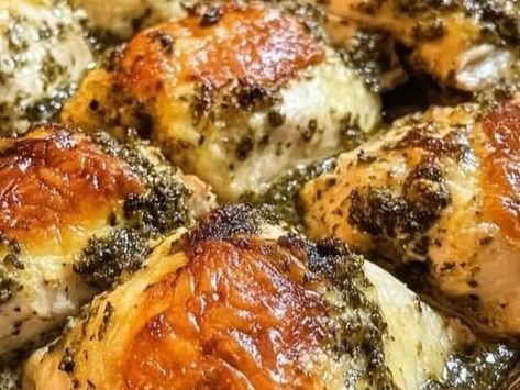 Chicken Thigh Pesto Recipes, Pesto Chicken Bake, Easy Pesto Chicken, Chicken Bake Recipe, Parmesan Crusted Pork Chops, Baked Pesto Chicken, Flavorful Dinner, Southern Sweet Tea, Greek Potatoes