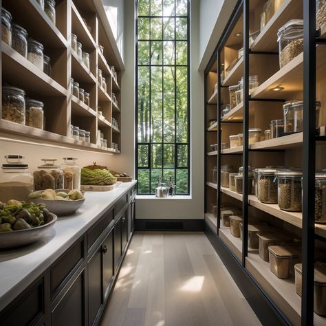 Loni Haskell - All things home & design | If you had a narrow butlers pantry… which one would you choose?! Trying to figure out the vibe I want to go for for the one we are… | Instagram Butlers Pantry Modern, Narrow Butlers Pantry With Laundry, Dining Room Pantry Ideas, Butlers Pantry With Window, Studio Mcgee Pantry, Skullery Butler Pantry, Narrow Butlers Pantry, Aesthetic Pantry Organization, Narrow Pantry Ideas