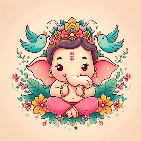 Cute Bhagwan Pic, Ganesha Art Cute, Ganesh Cute Drawing, Ganpati Cartoon Images, Cute Ganesha Drawing For Kids, Ganpati Bappa Cute Images, Ganesh Cute Images, Ganesh Painting Easy, Cute Ganesha Painting