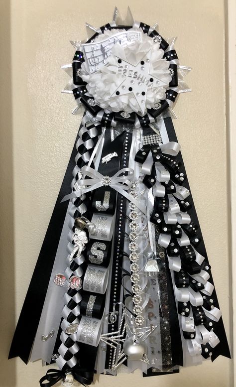 Black White And Silver Homecoming Mums, Band Mums Homecoming, Senior Mums Homecoming White And Silver, Mum Ribbon Ideas, Mum Ideas Homecoming, Hoco Braids, Freshman Mum, Mum Designs, Garter Homecoming