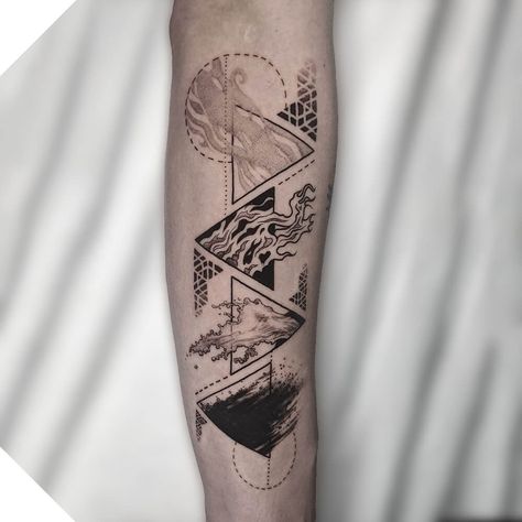 4 Elements Tattoo Geometric, Four Elements Tattoo Ideas, 4 Elements Tattoo Design, Triangle Tattoo Sleeve, Geometric Elements Tattoo, Air And Earth Tattoo, Element Tattoos For Women, Four Elements Tattoo Design, Thalassophobia Tattoo