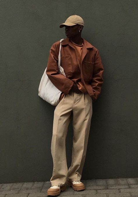 Monochromatic Outfit Street Style Men, Men Fashion Earth Tone, Dream Clothes Men, Post Minimalism Fashion Men, Brown Fits Men, Brown Mens Fashion, Brown Outfit Men, Earth Tone Outfits, Men Aesthetic Outfits