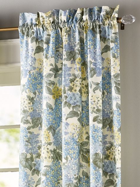 Turn your home into a year-round oasis of beauty with these pretty floral curtains. The sunny blue and yellow bouquets bring a springtime look and feel to your decor in every season. Printed on durable cotton duck to ensure years of use. Curtains are sold in pairs and include two tiebacks. When ordering Rod Pocket Curtains, measure from the top of the curtain rod down to where you want the curtains to fall; the length generally includes the rod pocket, but not the heading. Select curtain pairs w Seasonal Curtains, Blue And Yellow Curtains, French Country Curtains Living Room, Country Curtains Living Room, Yellow And Blue Decor, Yellow Curtains Bedroom, Coastal Grandmillennial, Blue Yellow Bedrooms, French Country Curtains