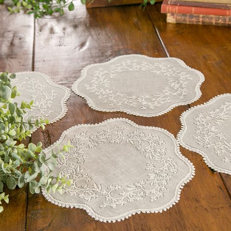 PRICES MAY VARY. Set includes four 12" doilies Doilies are a great way to add vintage charm to your space Coordinates with other Sheer Divine table pieces from Heritage Lace Perfect complement for table tops, trays and more Lace Centerpieces, Vintage Table Setting, Lace Placemats, Heritage Lace, Background Simple, Elegant Table Settings, Paper Doilies, Ecru Color, Cloth Flowers