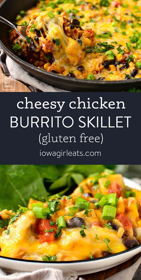 Cheesy Chicken Burrito Skillet is the tortilla-less version of a cheesy, stuffed burrito. Add everything into a skillet then simmer - so easy! iowagirleats.com keywords: one pot meal, mexican dinner recipe, dinner recipes, gluten free recipes, gluten free dinner recipes, gluten free dinners easy Chicken Burrito Skillet, Burrito Skillet, Gf Dinner, Ranch Pasta, Chicken Burrito, Pot Dinners, Iowa Girl Eats, Savory Food, Skillet Dinners