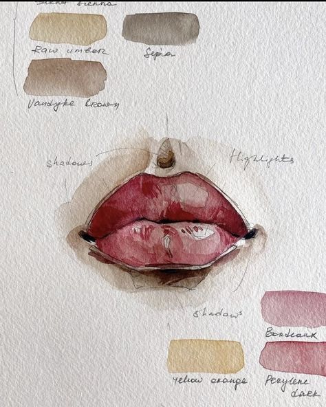 Watercolour Lips, Polina Bright, Lips Sketch, Watercolor Art Face, Watercolor Portrait Painting, Watercolor Mixing, Seni Cat Air, Watercolor Painting Techniques, Painting Art Lesson