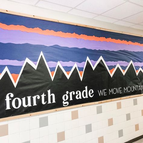 Mountain Classroom Bulletin Boards, Mountain Window Display, Mountain Themed Decor, Adventure Awaits Library Theme, Adventure Awaits Classroom Door, Outdoor Themed Classroom, Moving Mountains Classroom Theme, Moving Mountains Classroom, Woodsy Classroom