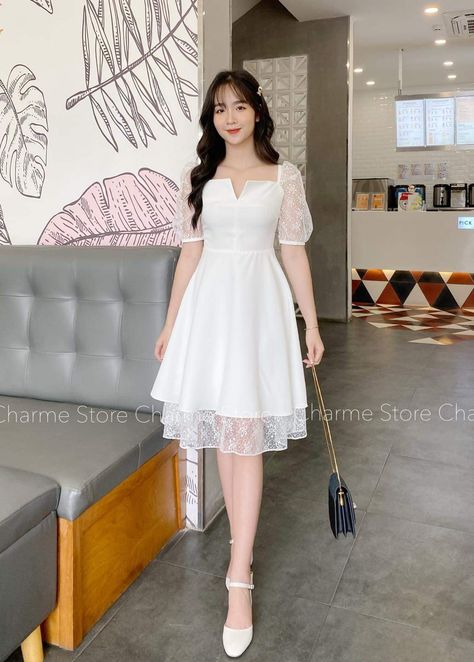 Simple Dress Formal Classy, 70 Dresses, Korean White Dress, Korean Elegant Dress, Korean Dress Elegant, White Dress Korean, Fashion Party Dress, Outfit Festival, Simple Frocks