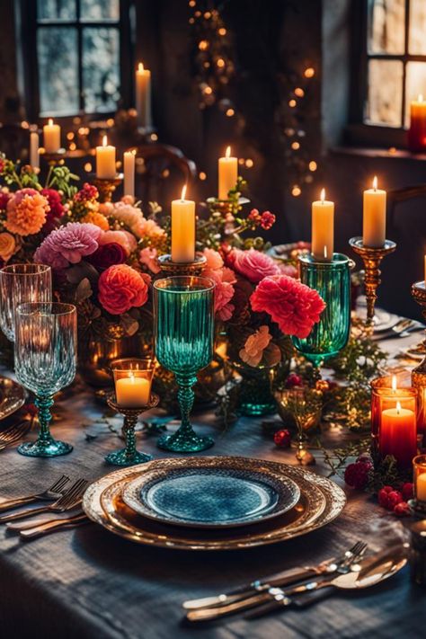 Dinner Party aesthetic Jewel Tone Christmas Table, Dark And Moody Dinner Party, Dinner Party Color Palette, Jewel Toned Tablescape, Jewel Tone Dinner Party, Jewel Tone Dining Room, Jewel Tone Tablescape, Jewel Tone Aesthetic, Glam Dinner Party