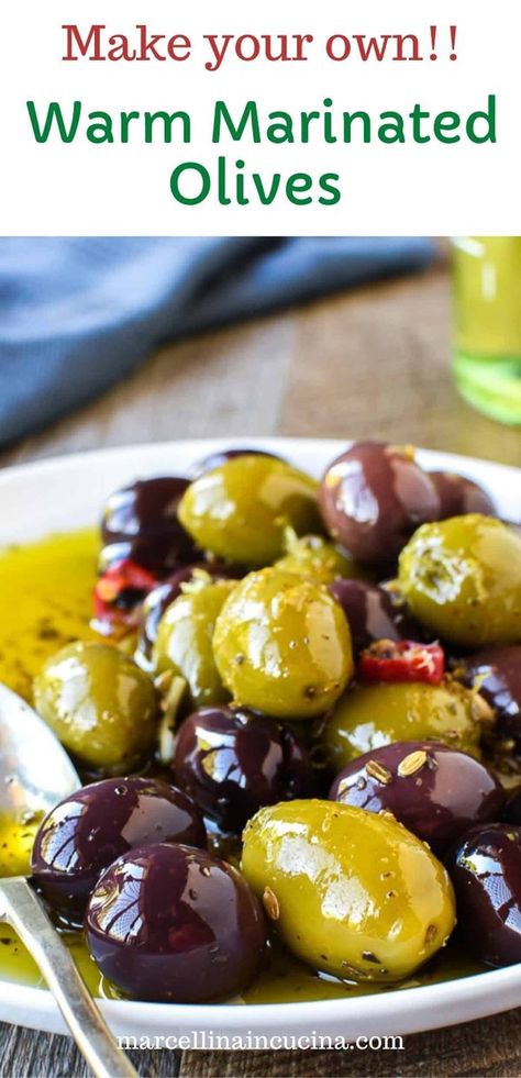 Marinated Warm Olives Recipe Spicy Marinated Olives Recipe, Spicy Marinated Olives, Spicy Olives, Warm Olives, Olive Salad Recipe, Antipasto Plate, Easy Make Ahead Appetizers, Roasted Olives, Olive Bar