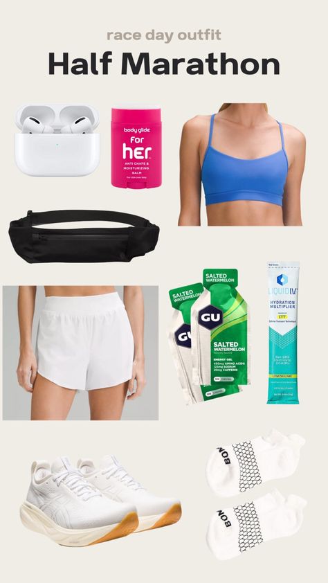 Half marathon race day outfit! Half marathon Ootd Marathon Essentials Race Day, Half Marathon Gear, Half Marathon Essentials, Half Marathon Training Aesthetic, Half Marathon Outfit Women, Race Day Outfits Running, Marathon Outfit Women Race Day, Runner Outfit Women, Marathon Outfit Women