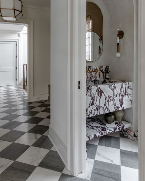 Adding a touch of elegance with a classic grey + white marble checker floor look♟ Stone by us ✨ Designed by @planinteriors Architecture by @planarchitecture 📷 @klaivertz⠀⠀⠀⠀⠀⠀⠀⠀⠀ Mudroom Pantry, Checker Floor, Checkered Floor, Plan Architecture, Powder Room Design, Tree Top, Classic Grey, Grey Flooring, Eclectic Home