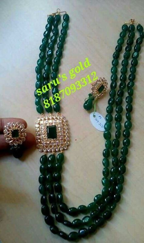 Side Pendants For Beads, Green Beads Jewellery Designs, Green Beads Indian Jewellery, Beads Indian Jewellery, Beads Jewellery Designs, Ruby Jewelry Necklaces, Gold Pearl Jewelry, Beaded Jewelry Necklaces, Pearl Necklace Designs