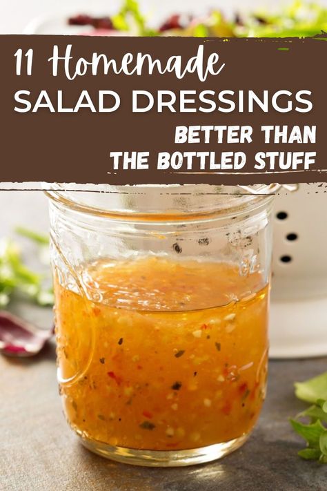 Why are you still buying bottled salad dressings? They're so much tastier and healthier when homemade — not to mention more affordable. Each of these recipes can be whipped up in minutes and makes enough salad dressing for a standard 16 oz mason jar for easy storage.  Avoid the ultra-processed ingredients found in the store-bought versions and make these instead. How To Make Salad Dressing Simple, Mason Jar Salad Dressing Recipes, Oil Vinegar Salad Dressing Simple, Salt Free Salad Dressing Recipes, Oil Based Salad Dressing Recipes, Natural Salad Dressing Recipes, Dry Salad Dressing Mixes, Single Serve Salad Dressing, Canning Salad Dressing